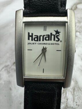 Harrah's Casino Watch Silver Tone Men Women Black Leather Buckle Band 9"